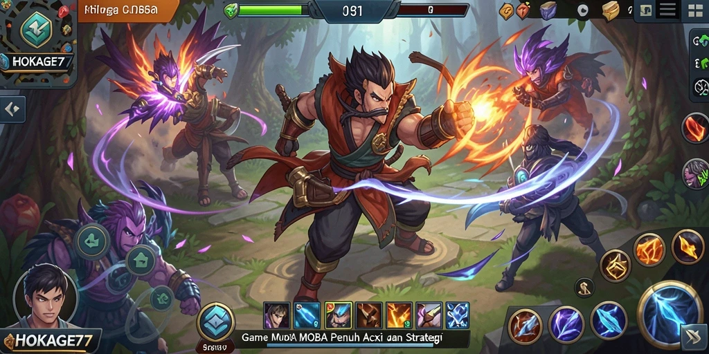 Gameplay seru dalam HOKAGE77 dengan pertempuran MOBA yang intens.