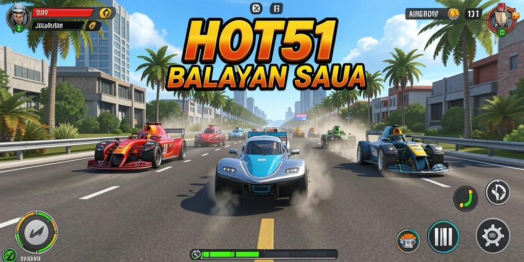 Screenshot gameplay HOT51 menampilkan balapan cepat dan mobil yang beraksi.