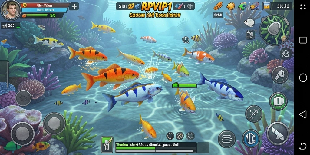 Tampilan gameplay RPVIP1 yang seru dengan berbagai jenis ikan.